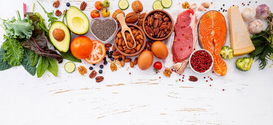 Different food types, including meat, fish, vegetables and fruits