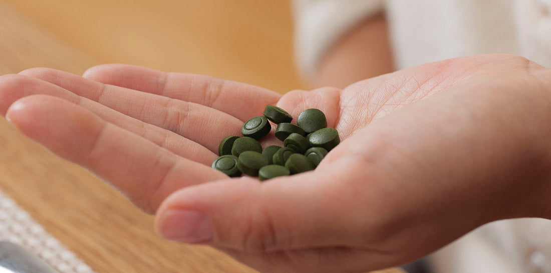 Amount of chlorella tablets in a hand