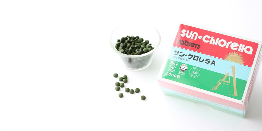 Sun Chlorella A Tablets in package and bowl